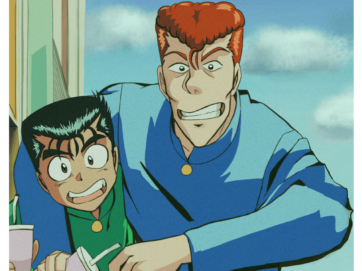Anime-style illustration of two characters in blue and green uniforms against a sky background, with the larger character having red hair and the smaller character having black hair.